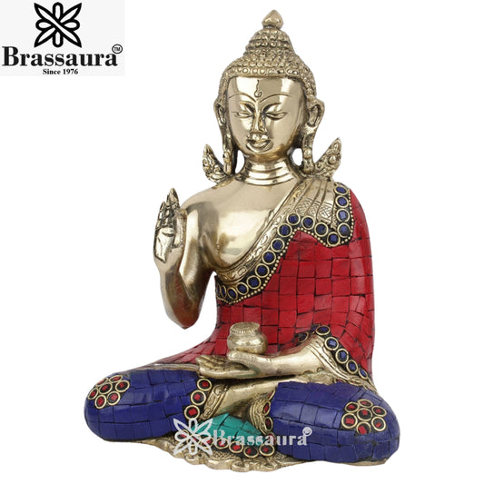 Brass Blessing Gem Stone Work Buddha Weight 7.5 kg & Height 2.4 Inch