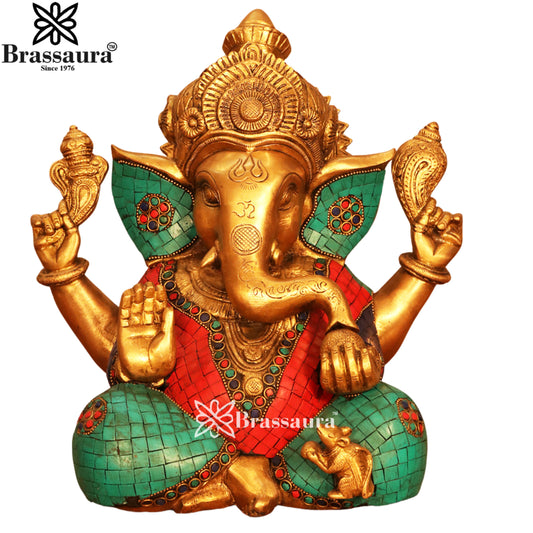 Brass Gem Stone Work Ganesha Statue Weight 9.1 Kg & Height 12.5 Inch