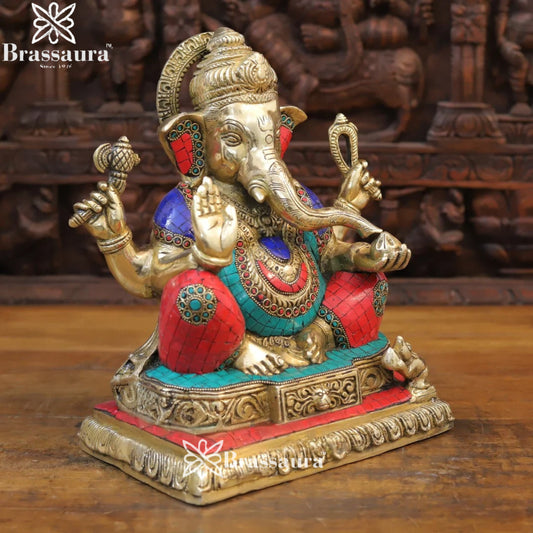 Brass Gem Stone Work Ganesha Weight 9.5 Kg & Height 12.5 Inch