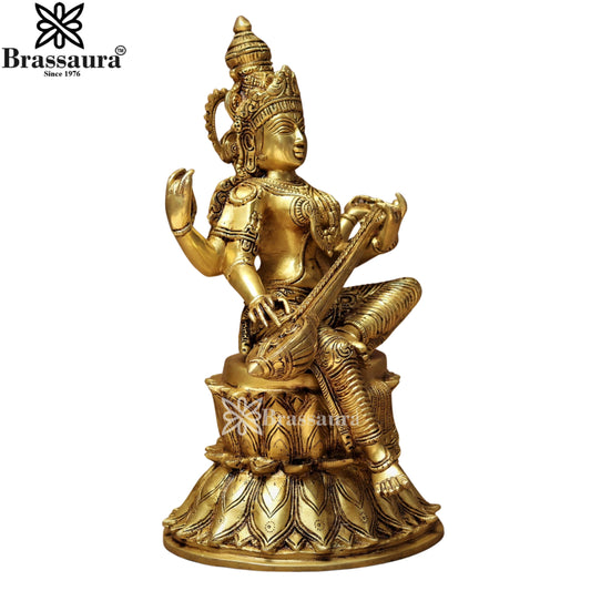 Brassaura™ Handcrafted Brass Saraswati Murti – Height 14.5 Inches & Weight 8.5 Kgs | Spiritual Home Décor