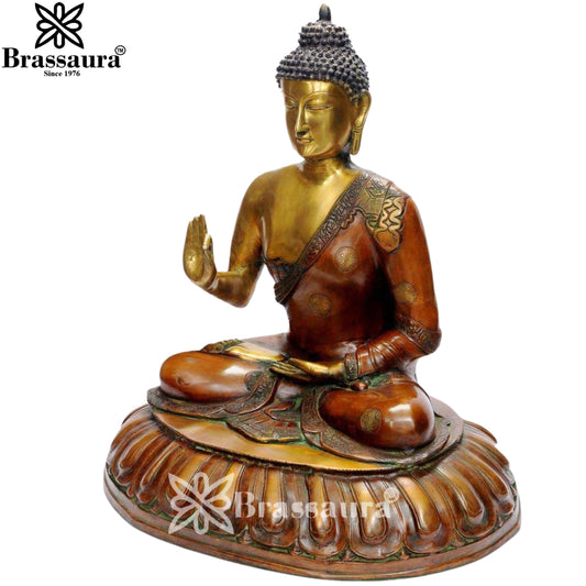 Brassaura® Lord Buddha Meditation Statue in Abhaya Mudra, Antique Brown & Brass Finish | Pure Superfine Brass Handcrafted Murti | Brass Statue for Home Temple, Pooja Room | Height 28 Inches Weight 33 Kg