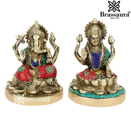 Brass Gem Stone Work Lakshmi Ganesh Weight 3.6 kg & Height 6.5 Inch