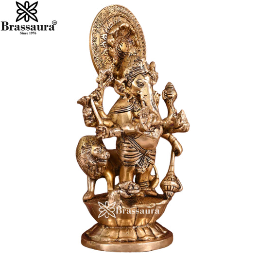 Brassaura® Dancing Ganesha with Prabhavali Brass Idol | Ornate Halo Design with Intricate Detailing | Height 11.5 Inches