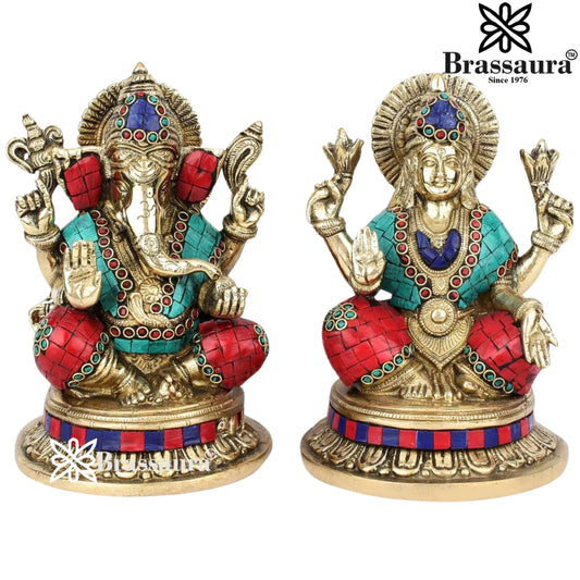 Brass Gem Stone Work Lakshmi Ganesh Weight 6.2 kg & Height 8.5 Inch