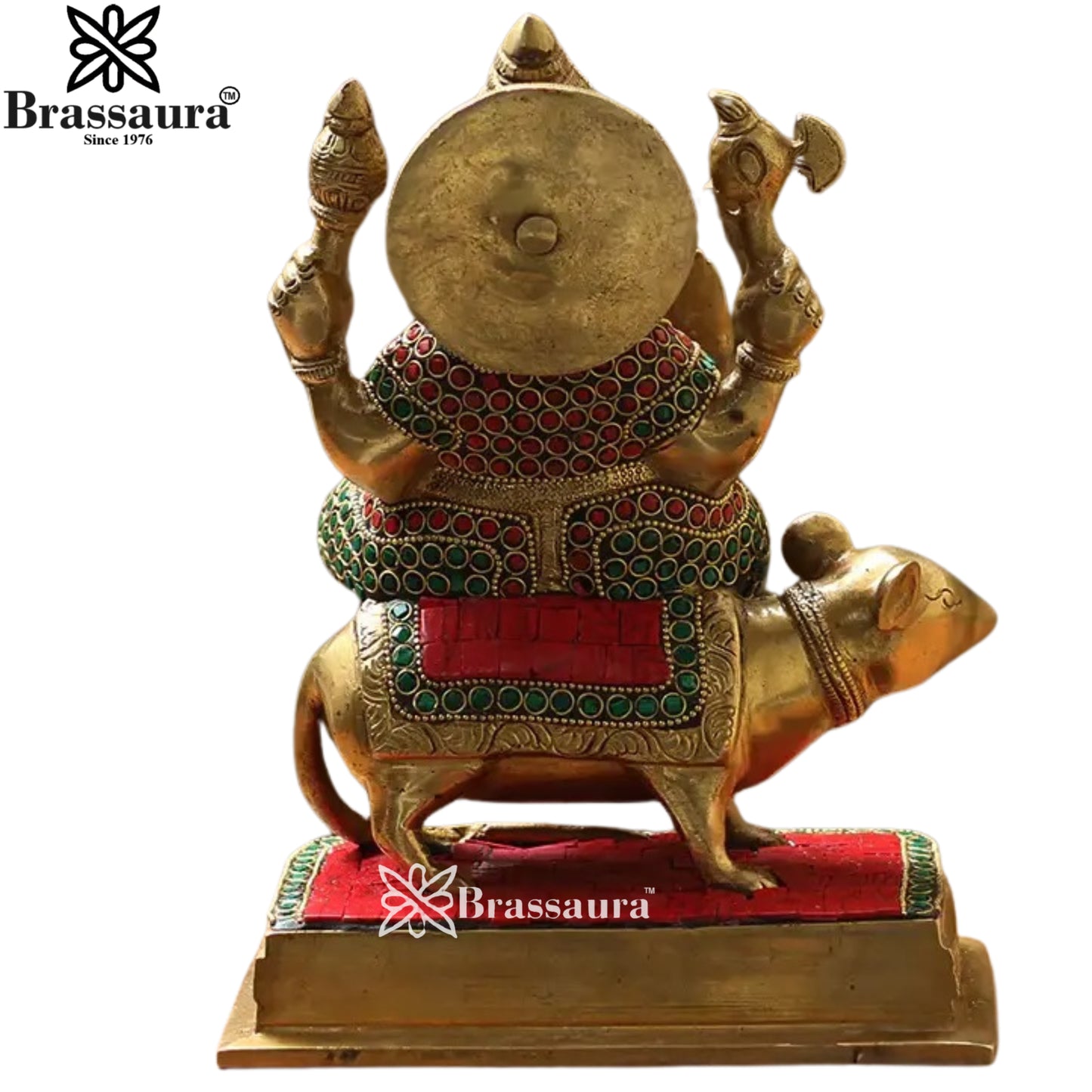 Brass Gem Stone Ganesha On Rat Statue Weight 4 Kg & Height 10 Inch