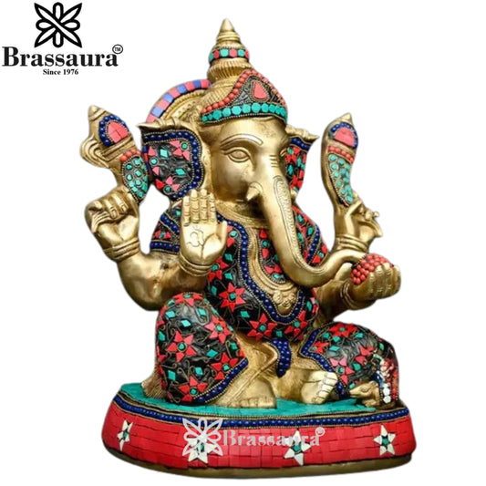 Brassaura™ Brass Gem Stone Work Ganesha Idol | Height 13.7 Inches & Weight 10.95 Kgs
