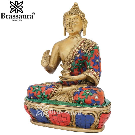 Brass Blessing Gem Stone Work Buddha Weight 3.5 kg & Height 9 Inch