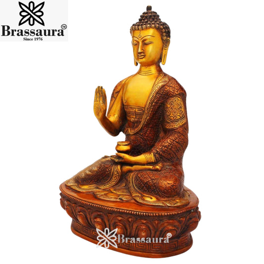 Brassaura® Brass Vintage Buddha Idol – Pure Superfine Brass Handcrafted Murti, Brass Statue for Home Temple, Pooja Room – 12 Inch, 4.3 Kg
