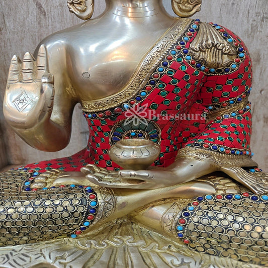 Brass Blessing Gem Stone Work Buddha Weight 10.5 kg & Height 16 Inch