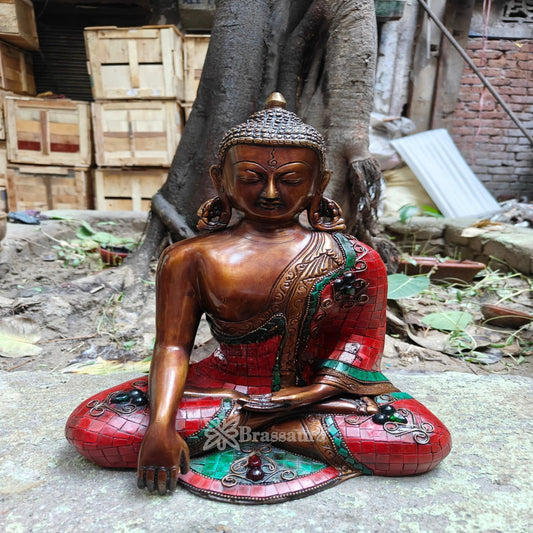 Brass Bhumisprasa Gem Stone Work Buddha Weight 6.4 kg & Height 12.5 Inch