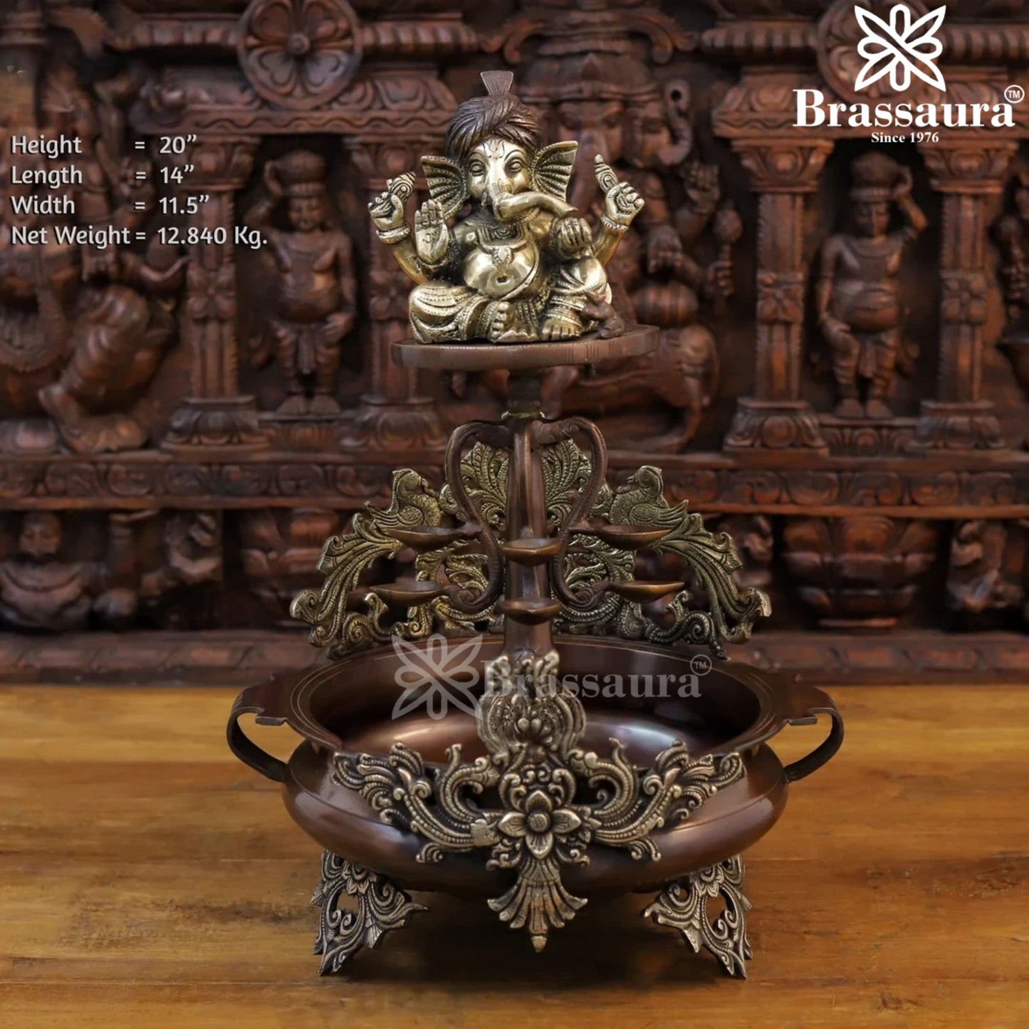 Brassaura™ Brass Ganesha Urli Statue – Height 20 Inches & Weight 12.84 Kgs | Devotional Home Décor