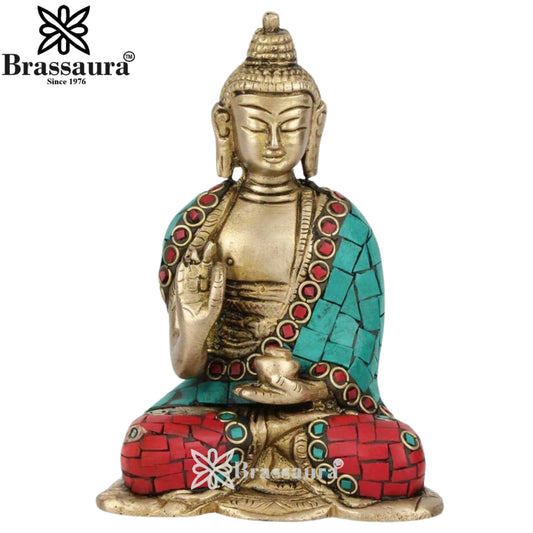 Brass Blessing Gem Stone Work Buddha Weight 0.3 kg & Height 3 Inch
