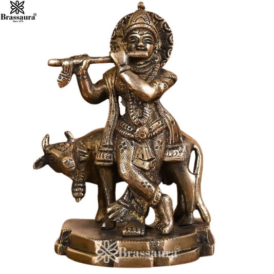 Brass Cow Krishna Murti Weight .64 Kg And Height 5 Inch