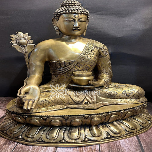 Brassaura® Buddha Sitting in Varada Mudra Idol with Antique Gold Finish and Lotus Base | Pure Superfine Brass Handcrafted Murti | Brass Statue for Home Temple, Pooja Room | Height 28 Inches | Weight 32 Kgs