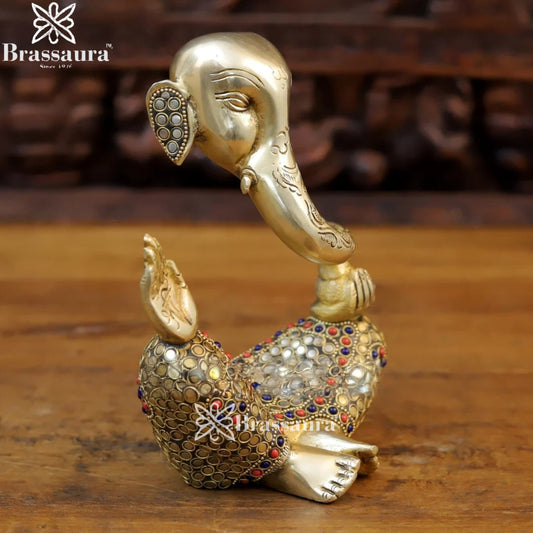 Brass Gem Stone Work Modern Ganesha Weight 2.34 Kg & Height 8 Inch