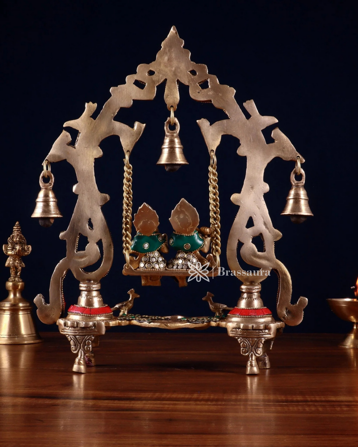 Brassaura™ Brass Radha Krishna Swing Idol with Diyas, Peacocks & Bells – Height 13.5 Inches & Weight 2.4 Kgs | Elegant Devotional Statue