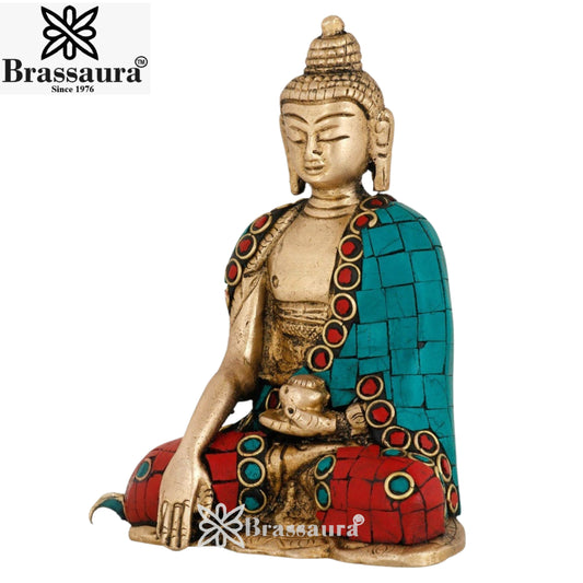 Brass Bhumisprasa Gem Stone Work Buddha Weight 0.7 kg & Height 4.5 Inch