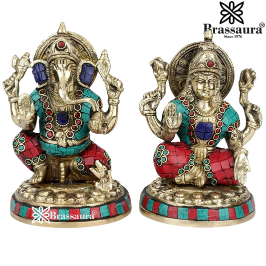 Brass Gem Stone Work Lakshmi Ganesh Weight 3.2 Kg & Height 6.5 Inch