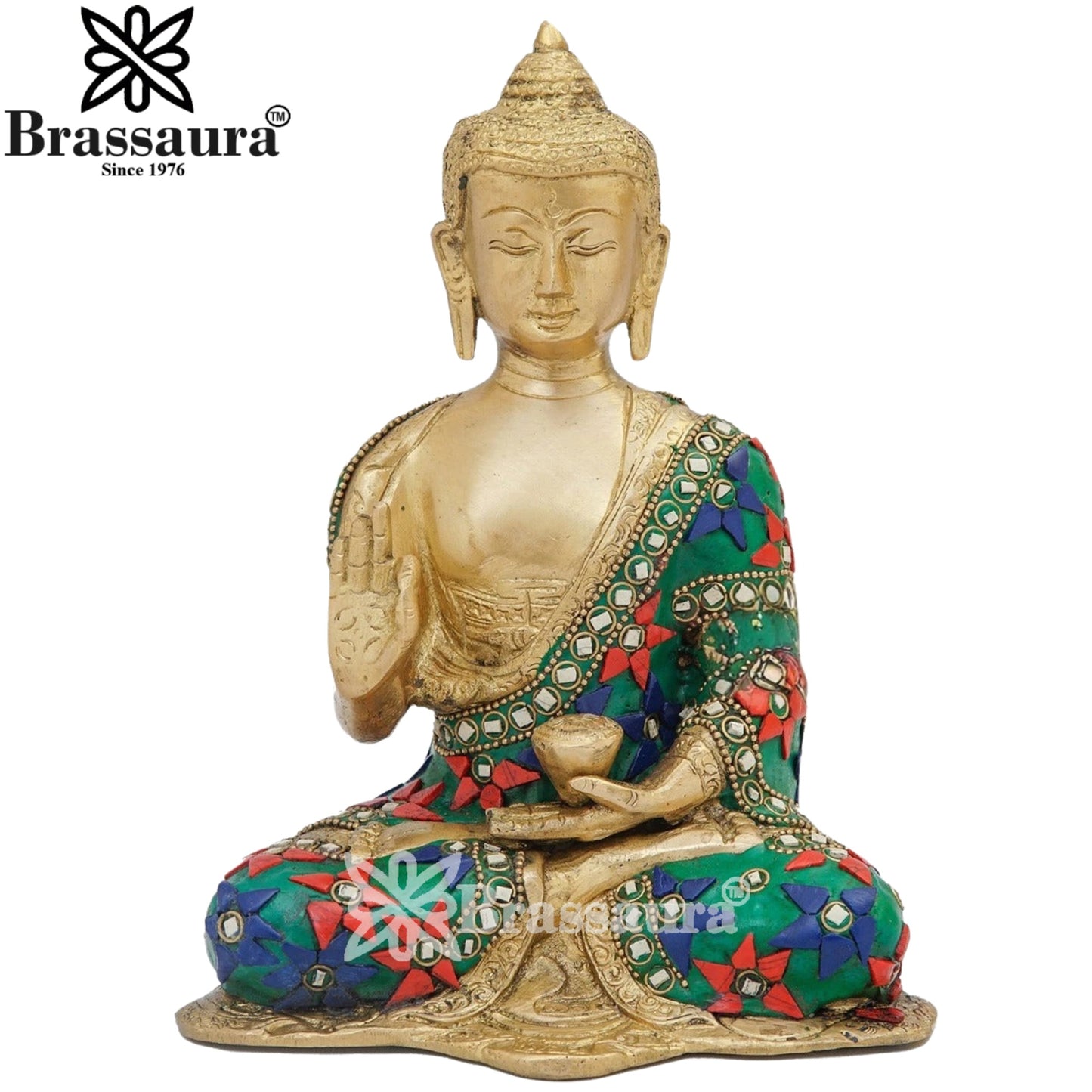 Brass Blessing Gem Stone Work Buddha Weight 2.1 kg & Height 8 Inch