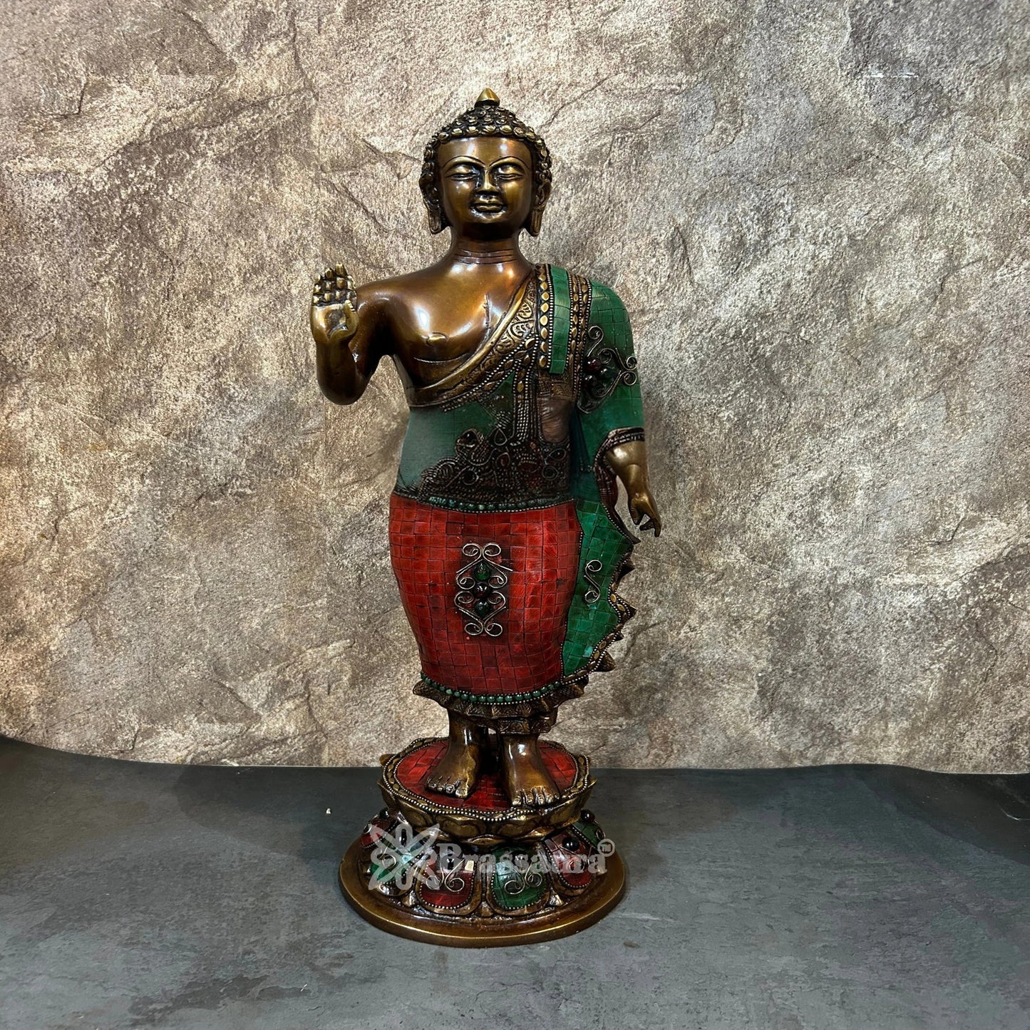 Brass Standing Blessing Gem Stone Work Buddha Weight 7.7 kg & Height 21 Inch