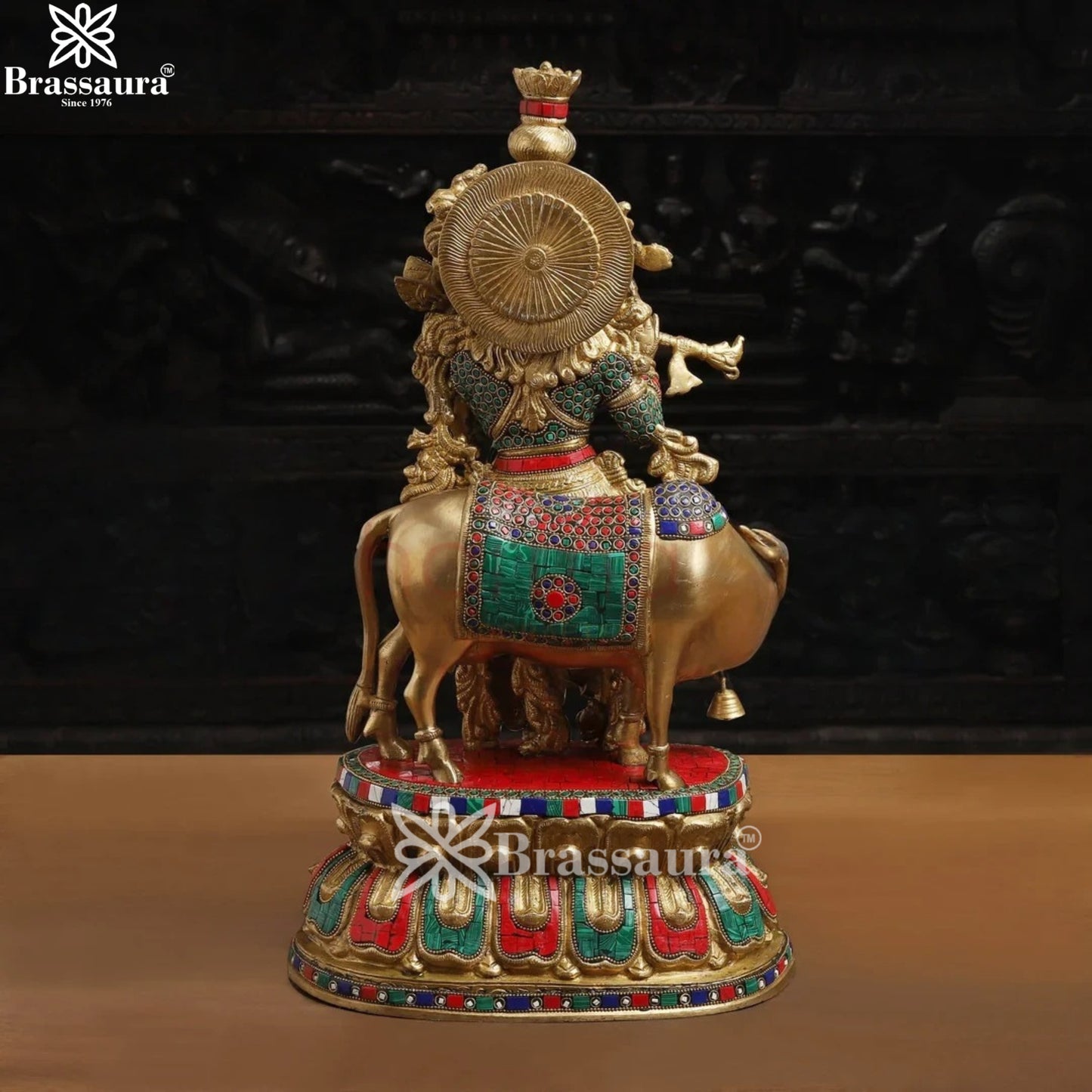 Brass Gem Stone Work Cow Krishna Murti Weight 16.86 Kg And Height 21 Inch