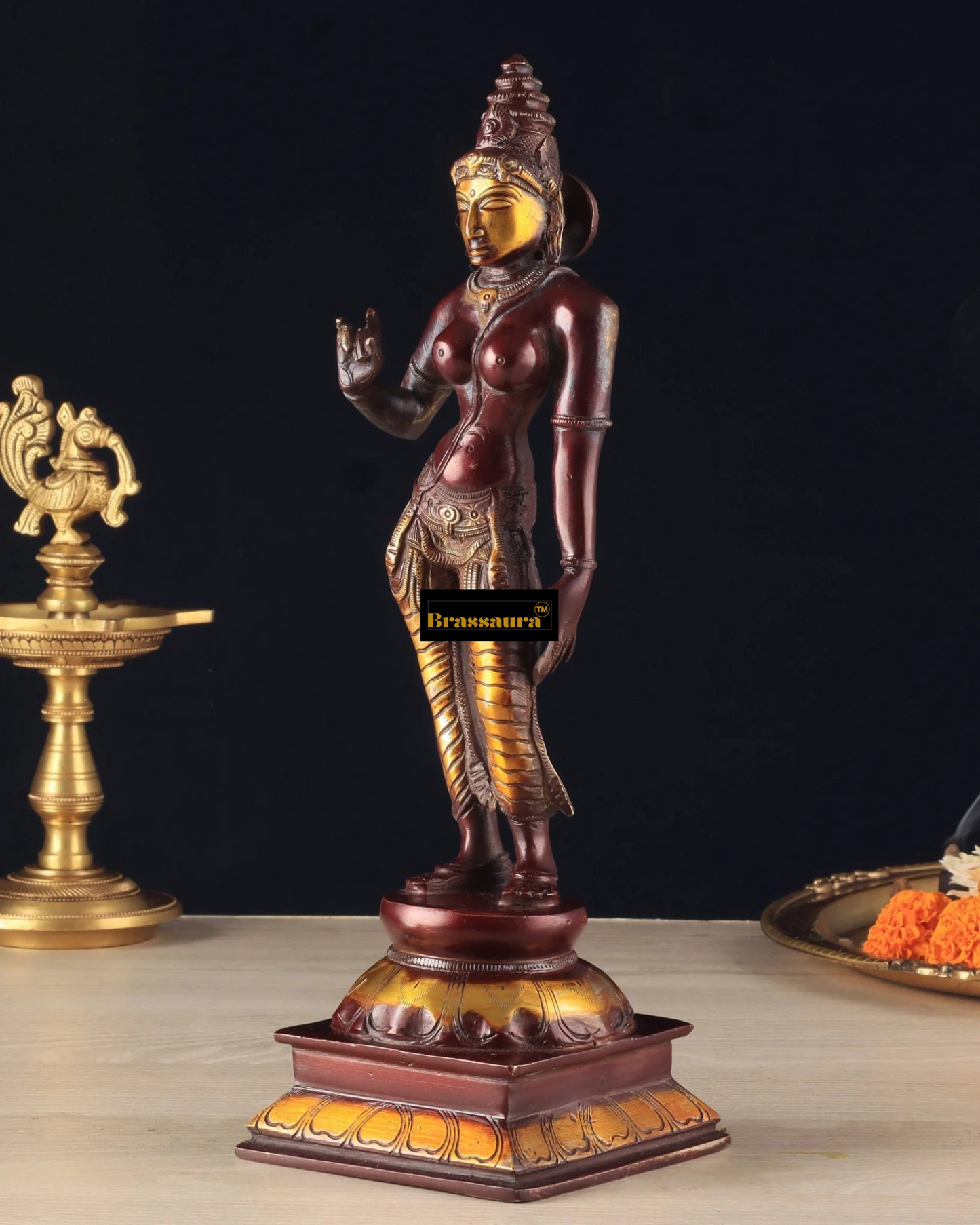 Brassaura™ Pure Brass Devi Parvati Uma Idol – 10 Inches Height, 2.5 Kgs Weight – Vintage Chola Finish Standing Statue