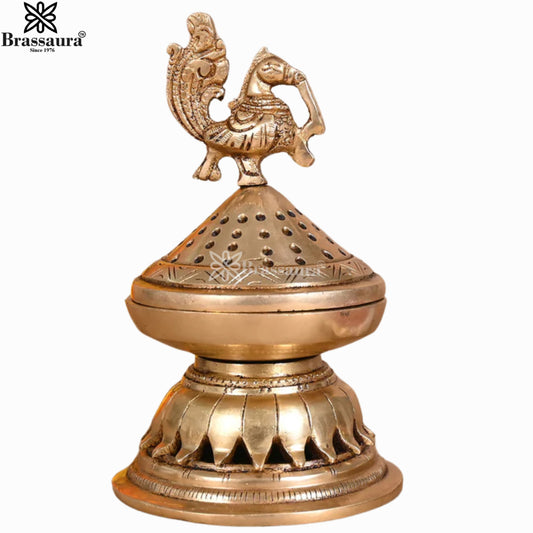 Brassaura® Peacock Brass Dhoop Dani | Traditional Incense Burner with Peacock Finial | Height 6.5 Inches & Weight 1.11 Kgs