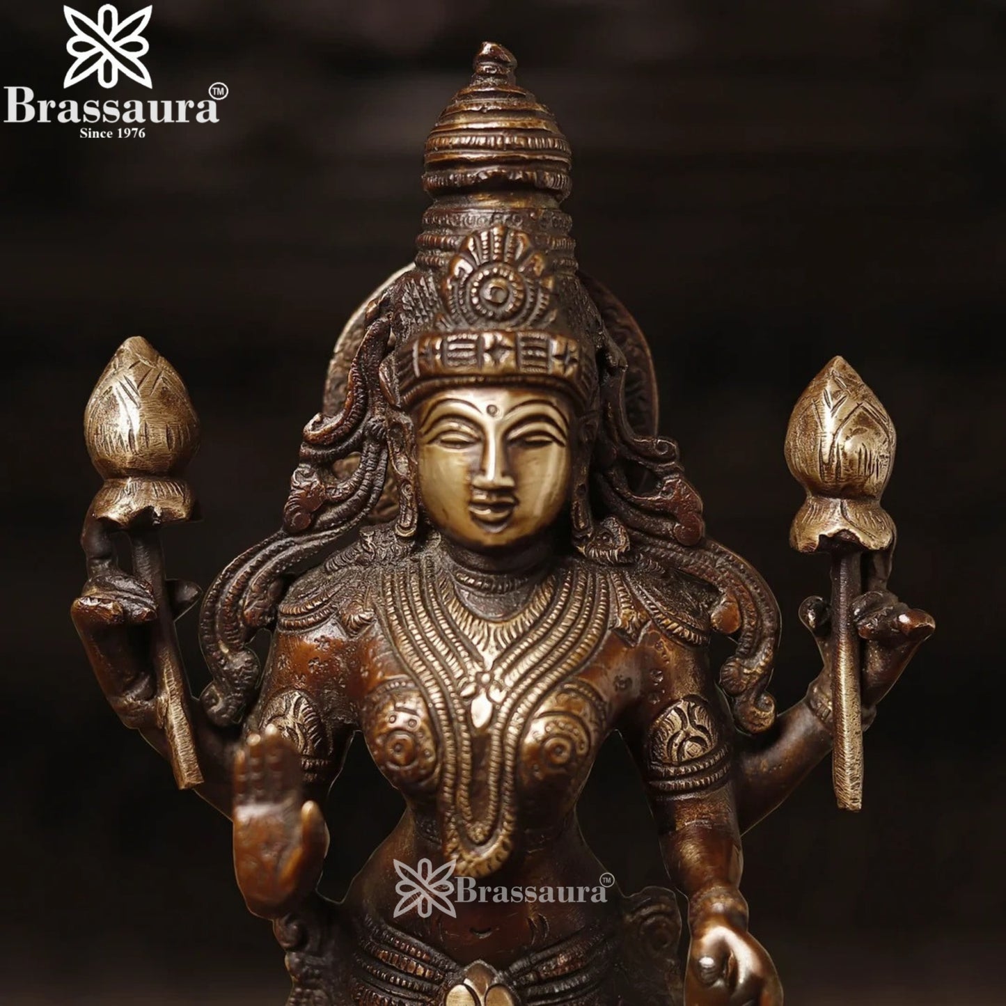 Brassaura™ Handcrafted Brass Laxmi Idol – Height 12.5 Inches & Weight 3.21 Kgs | Devotional Statue