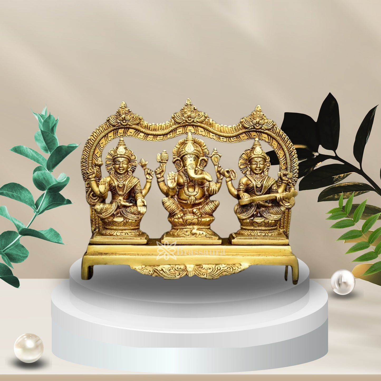 Brassaura™ Traditional Brass Laxmi Ganesha Saraswati Murti – Height 7.9 Inches & Weight 3.8 Kgs | Puja & Home Décor