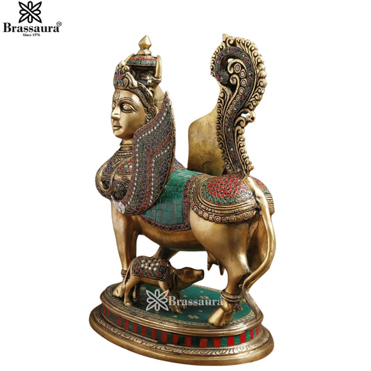 ब्रासुर™ ब्रास रत्न स्टोन वर्क कामधेनु गाय और बछड़े की मूर्ति – ऊंचाई 16 इंच और वजन 13.5 किलोग्राम | हस्तनिर्मित पूजा मूर्तिकला