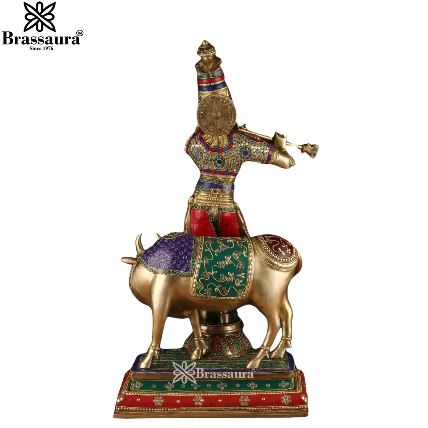 Brass Gem Stone Work Cow Krishna Murti Weight 26.7 Kg And Height 26.5 Inch