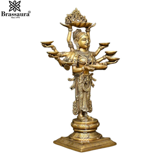 Brassaura™ Brass Standing Deep Laxmi With 8 Diya’s Statue– Height 27 Inches & Weight 16.37 Kgs | Home & Puja Décor