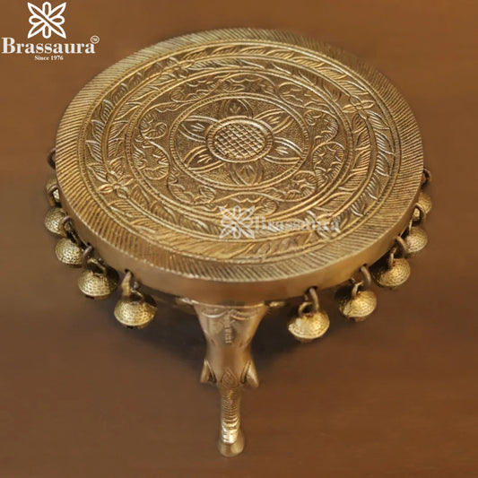 Brassaura™ Brass Pooja Chowki With Hanging Bells – Height 4.5 Inches & Weight 1.4 Kgs | Temple & Pooja Décor