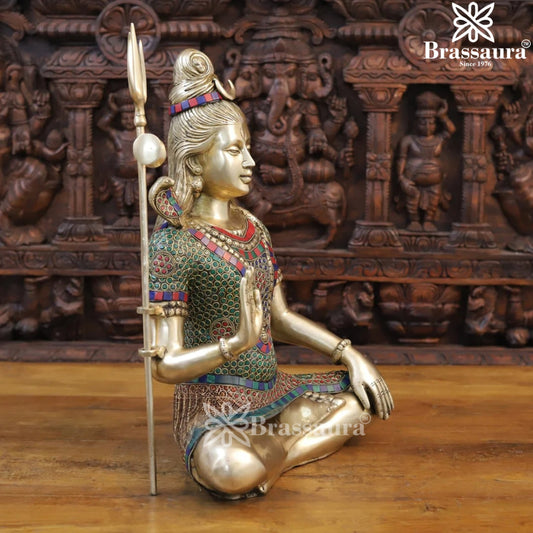 Brassaura™ Brass Gem Stone Work Shiva Idol – Height 7.6 Inches & Weight 12.46 Kgs | Artistic Religious Idol