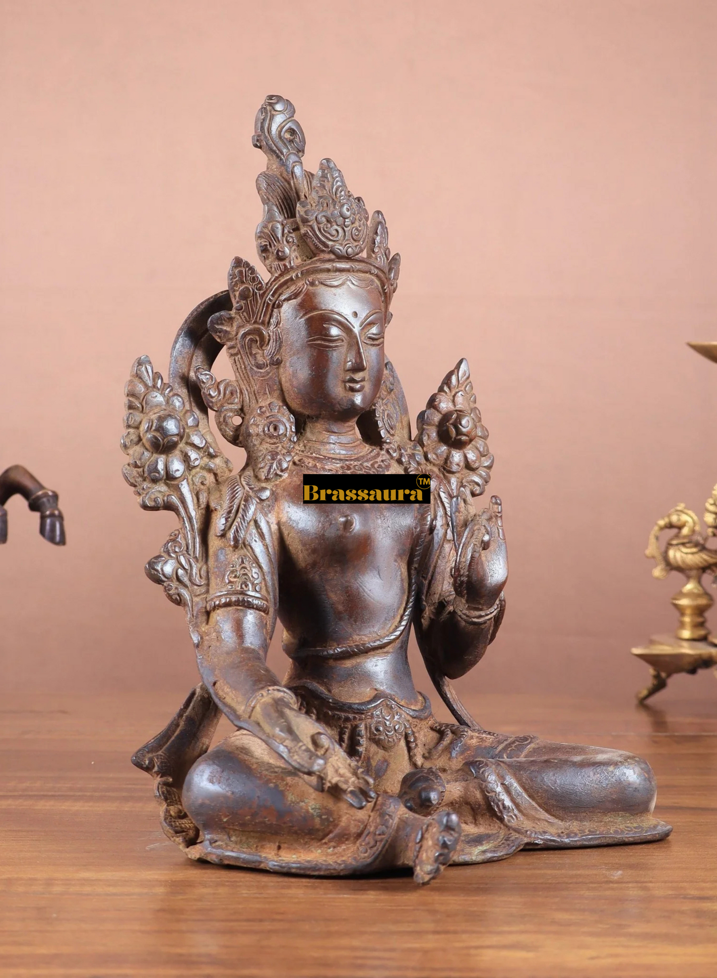 Brassaura™ Vintage Brass Green Tara Statue – Height 10.5 Inches, Weight 3.13 Kgs