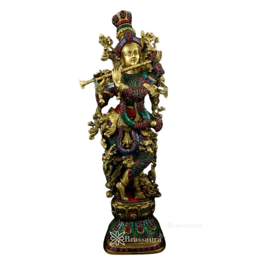 Brass Gem Stone Work Krishna Murti Weight 16.5 Kg And Height 30 Inch