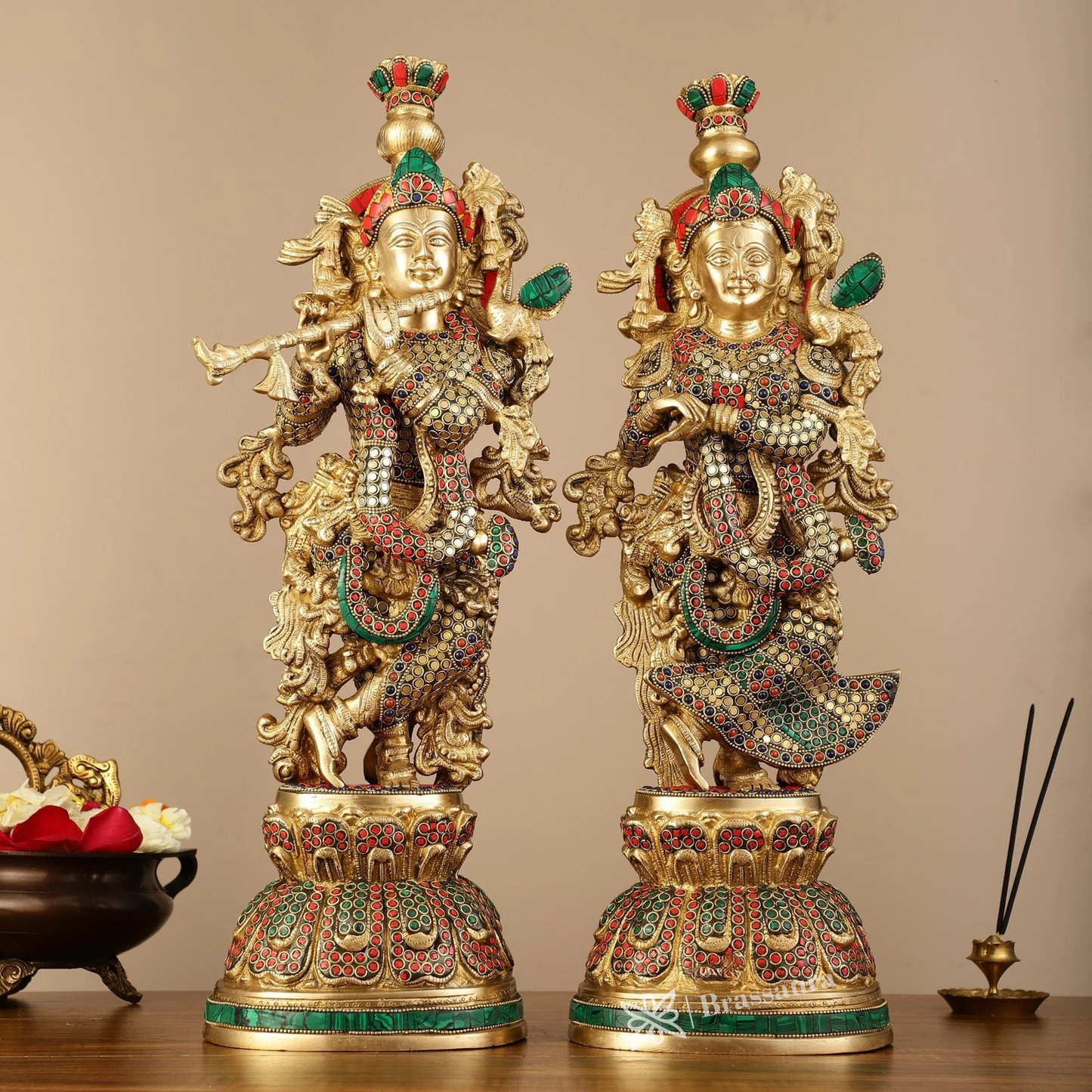 Brassaura™ Pure Brass Radha Krishna Statue with Brass Rings & Natural Stones – Height 21 Inches & Weight 18 Kgs | Elegant Devotional Idol