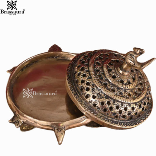 Brassaura® Brass Dhoop Dani with Ornate Jali Work | Traditional Incense Burner for Pooja & Rituals | Height 4.3 Inches & Weight 1.31 Kgs