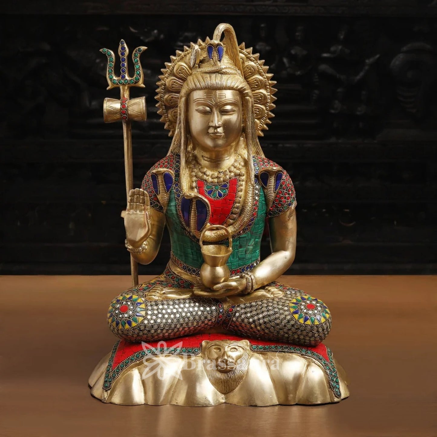 Brassaura™ Brass Gem Stone Work Shiva Idol – Height 17 Inches & Weight 11.84 Kgs | Traditional Temple Figurine