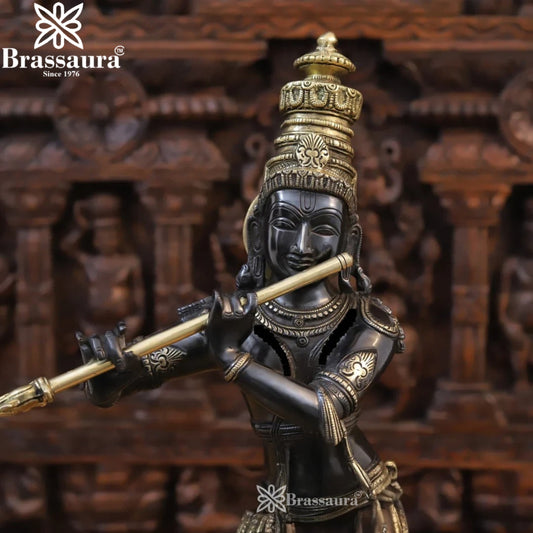 Brassaura® Lord Krishna Playing Flute Idol | Pure Superfine Brass Handcrafted Black Patina & Antique Gold Finish Murti | Premium Krishna Statue for Home Temple, Pooja Room & Spiritual Décor | Height 23 Inches | Weight 9.42 Kgs