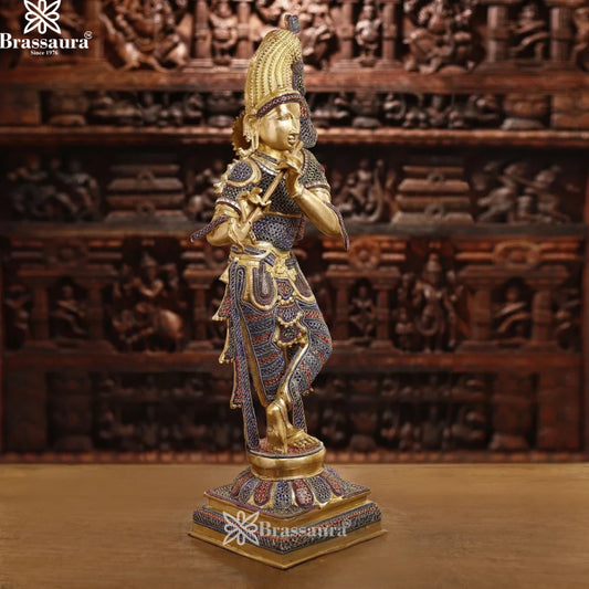 Brass Gem Stone Work Krishna Murti Weight 25.78 Kg And Height 35.5 Inch