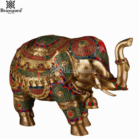 Brassaura® Brass Elephant Décor with Stonework | Handcrafted Meenakari Art Showpiece | Height 14 Inches & Weight 17 Kgs