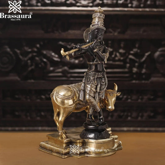 Brass Antique Cow Krishna Murti Weight 27.2 Kg And Height 26 Inch