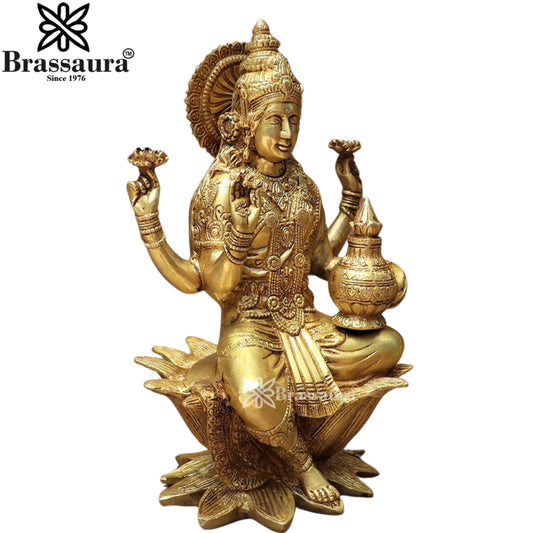 Brassaura™ Brass Laxmi Murti – Height 12 Inches & Weight 5.5 Kgs | Hindu Goddess Idol