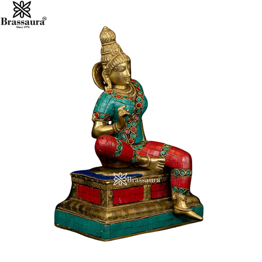 Brassaura™ Brass Parvati Statue with Gemstone Work | Handcrafted Devi Gauri Murti | Height 11 Inches & Weight 5 Kgs