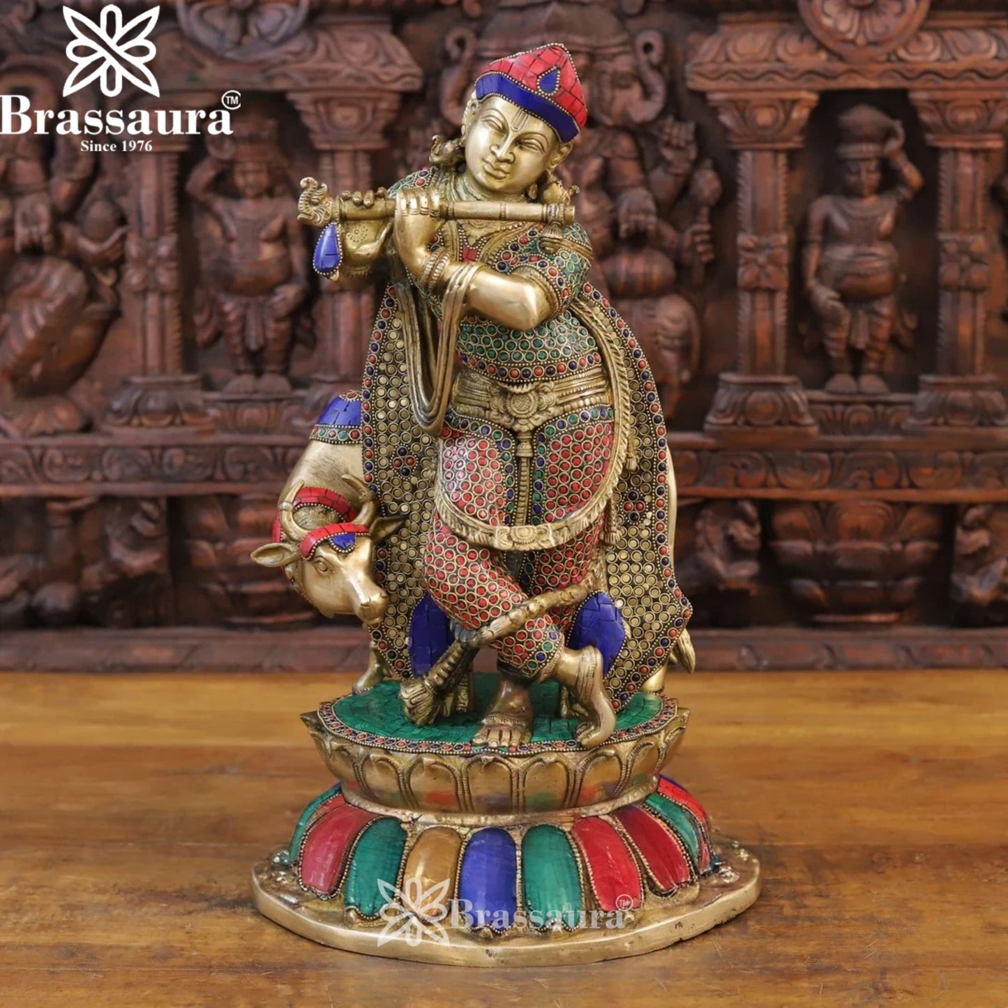 Brass Gem Stone Work Cow Krishna Murti Weight 16.3 Kg And Height 19.5 Inch
