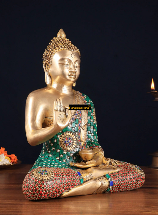Brassaura™ Brass Buddha Statue in Abhaya Mudra – Height 14 Inches, Weight 8 Kgs