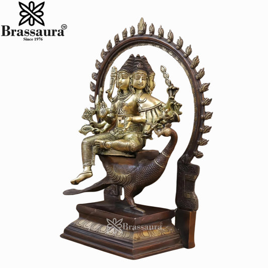 Brassaura® Murugan Brass Statue with Prabhavali | Chola Style Peacock Vahana Sculpture | Height 17.5 Inches