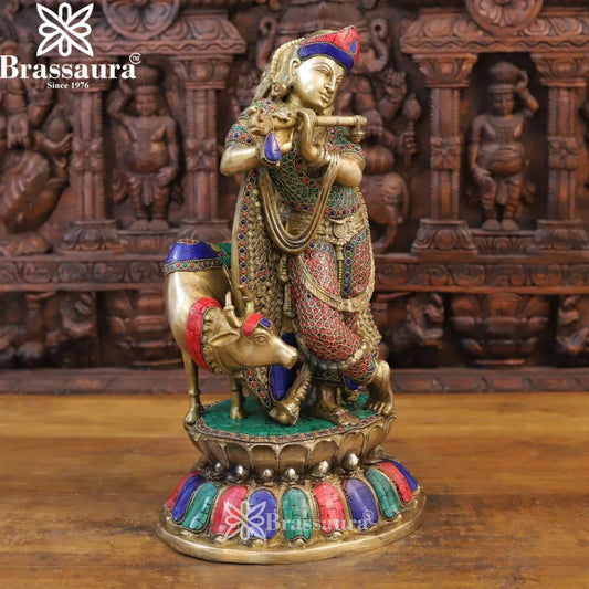 Brass Gem Stone Work Cow Krishna Murti Weight 16.3 Kg And Height 19.5 Inch