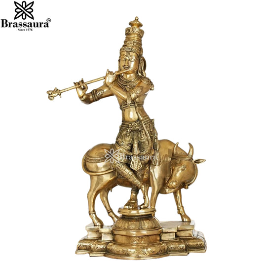 Brass Cow Krishna Murti Weight 26.7 Kg And Height 26.5 Inch